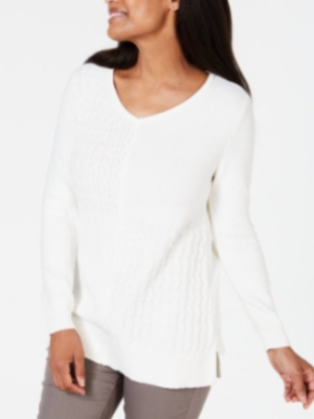 Karen Scott Women's Winter White V-neck Knit Sweater XL
